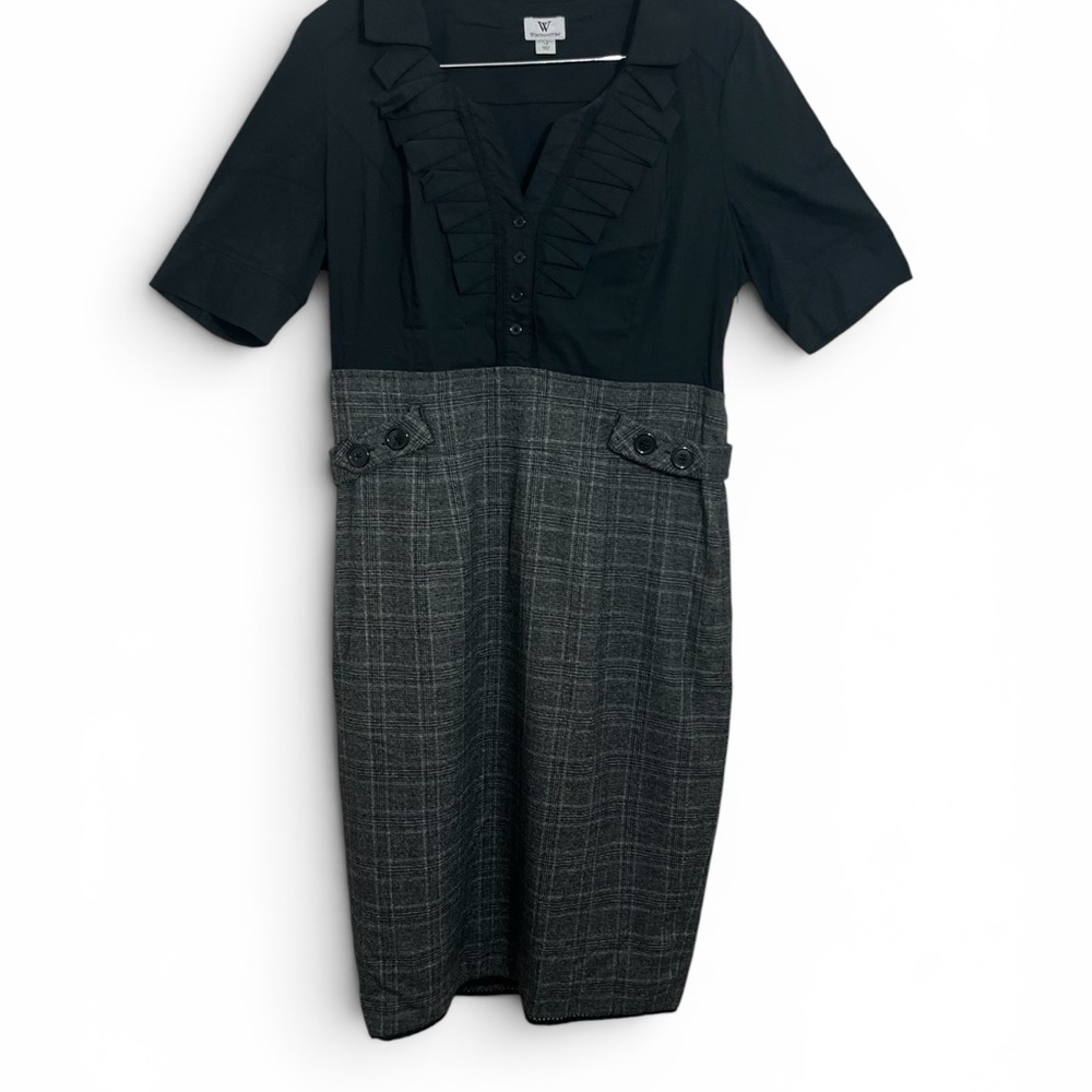 Worthington Black & Gray Plaid Two-Tone Ruffle V-Neck Midi Dress